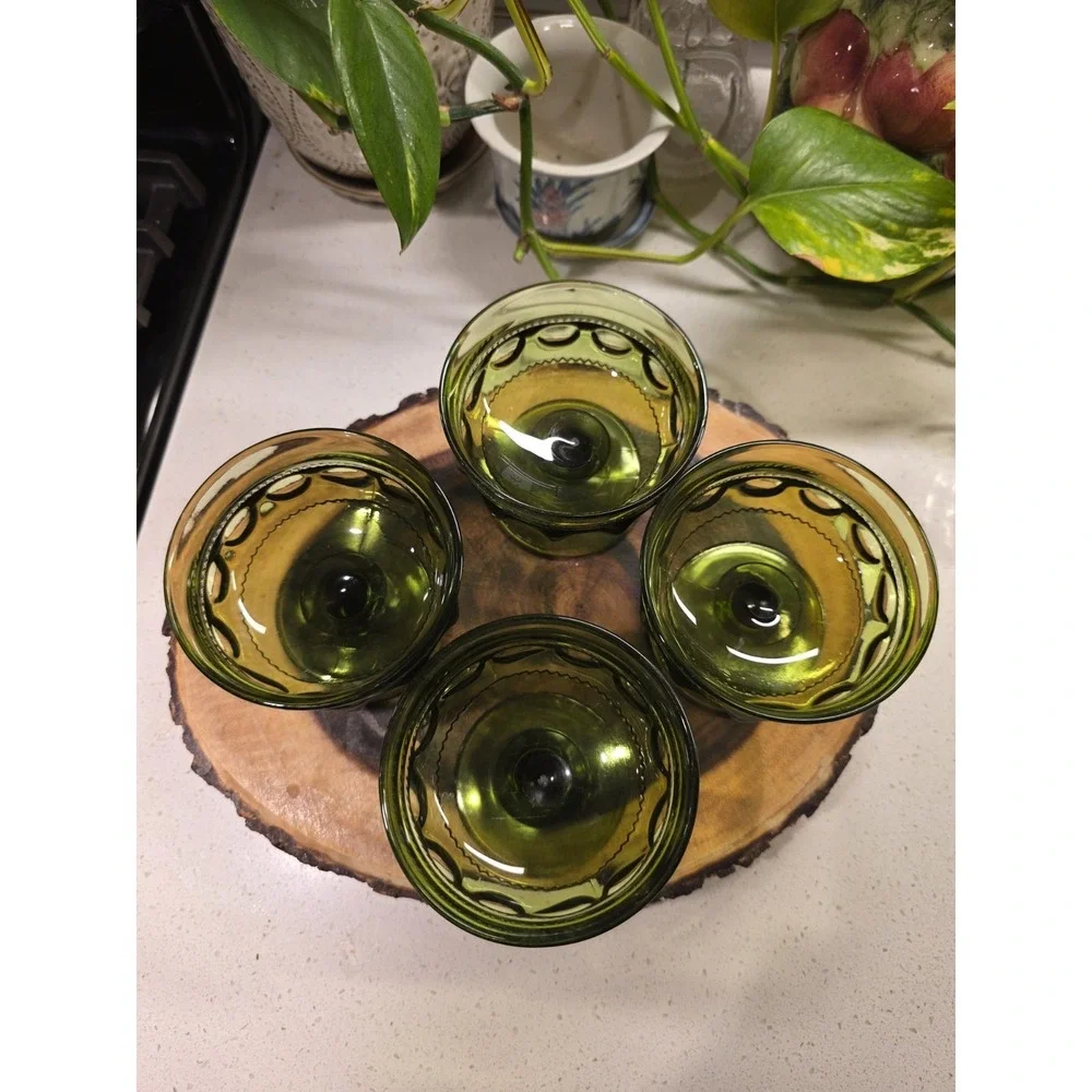 VTG Avocado Green Indiana Glass‎ Kings Crown Thumbprint Dessert Goblet Set Of 4